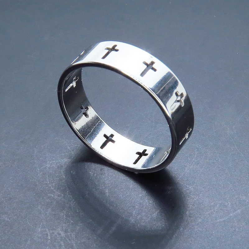 ステンレス製 ロザリオ(十字架)が浮き上がるスマートなリング 指輪 シルバーカラー クロス 19号