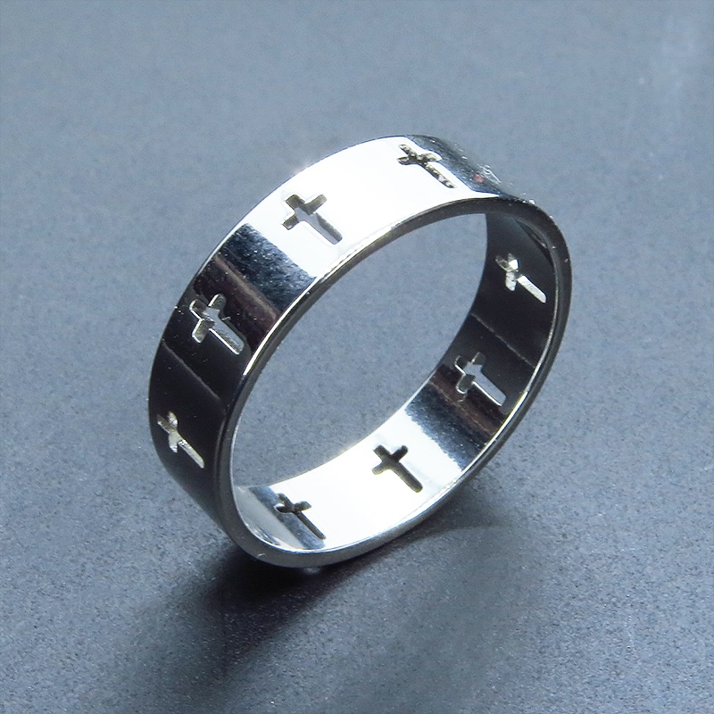 ステンレス製 ロザリオ（十字架）が浮き上がるスマートなリング 指輪 シルバーカラー クロス 19号
