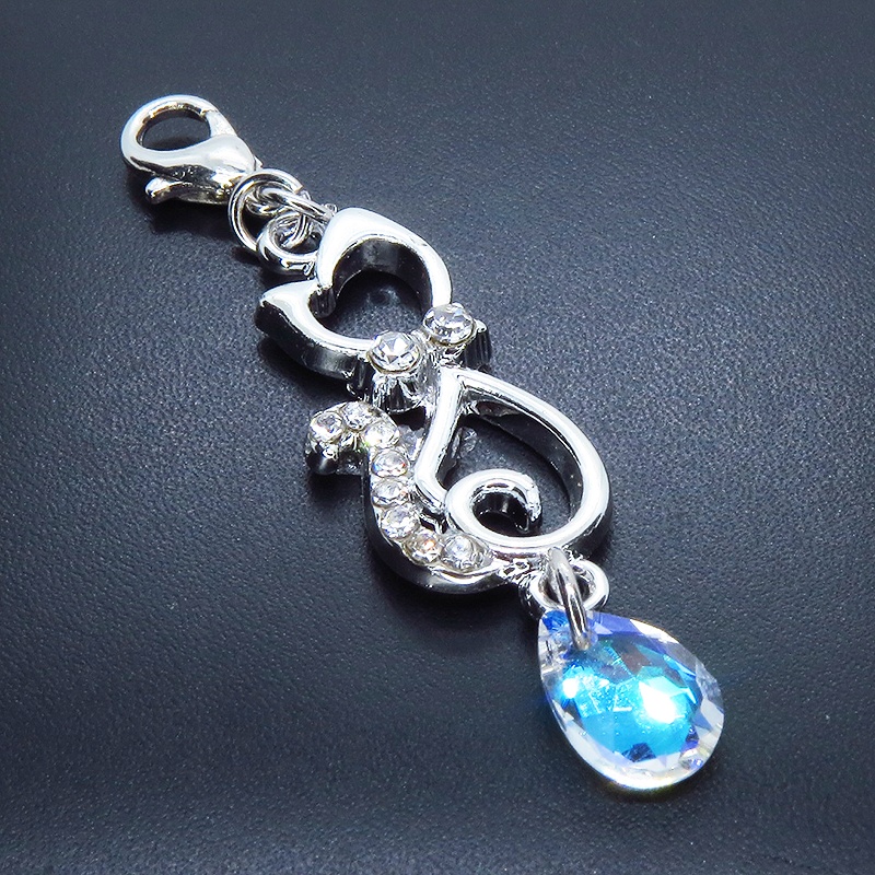 マスクチャーム ラインストーン入り猫モチーフとティアドロップクリスタル(クリスタルシャイナー)チャーム キーホルダー