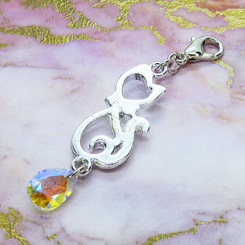 マスクチャーム ラインストーン入り猫モチーフとティアドロップクリスタル(クリスタルシャイナー)チャーム キーホルダー