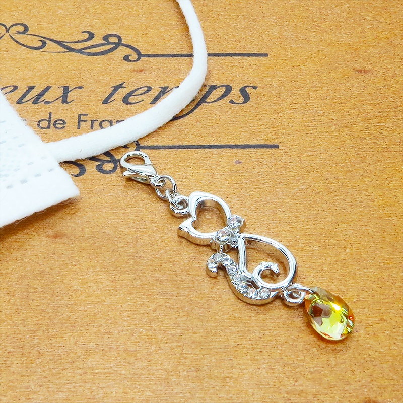 マスクチャーム ラインストーン入り猫モチーフとティアドロップクリスタル(クリスタルサン)チャーム キーホルダー