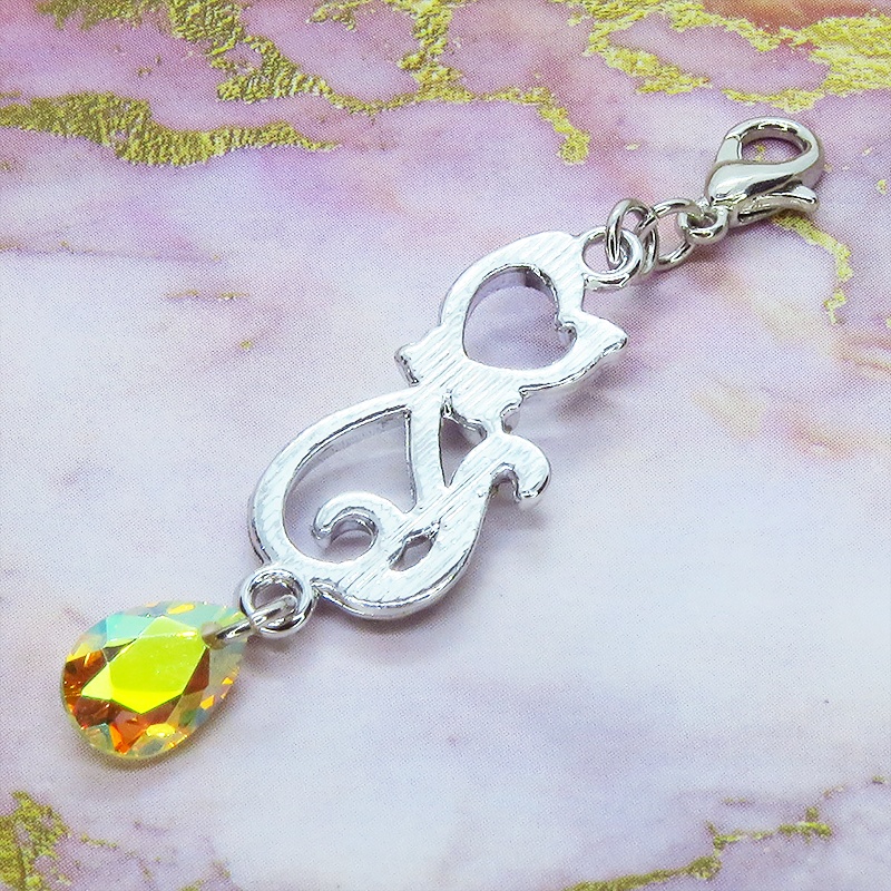 マスクチャーム ラインストーン入り猫モチーフとティアドロップクリスタル(クリスタルサン)チャーム キーホルダー