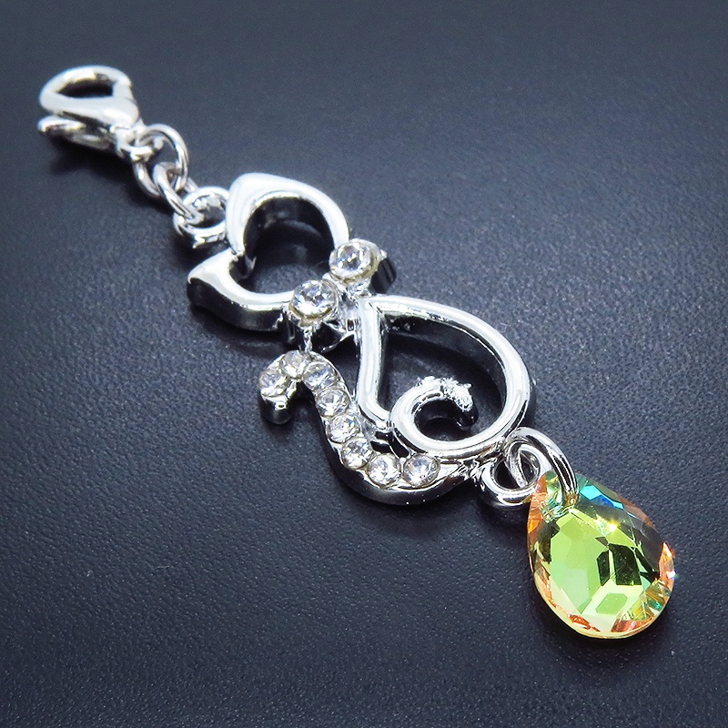 マスクチャーム ラインストーン入り猫モチーフとティアドロップクリスタル(クリスタルサン)チャーム キーホルダー