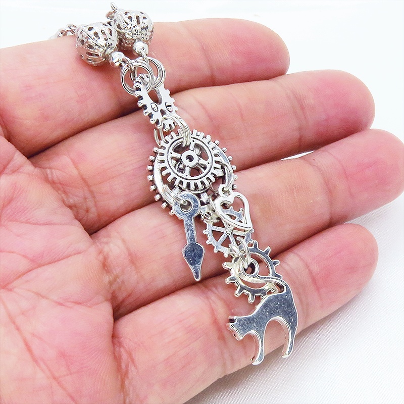 スチームパンク風 アンティークシルバー 跳ね猫と歯車の多層ネックレス ロザリオ ハート メンズ レディース