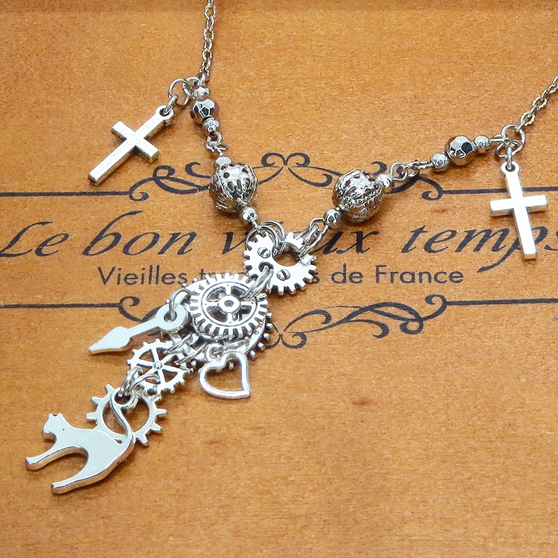 スチームパンク風 アンティークシルバー 跳ね猫と歯車の多層ネックレス ロザリオ ハート メンズ レディース