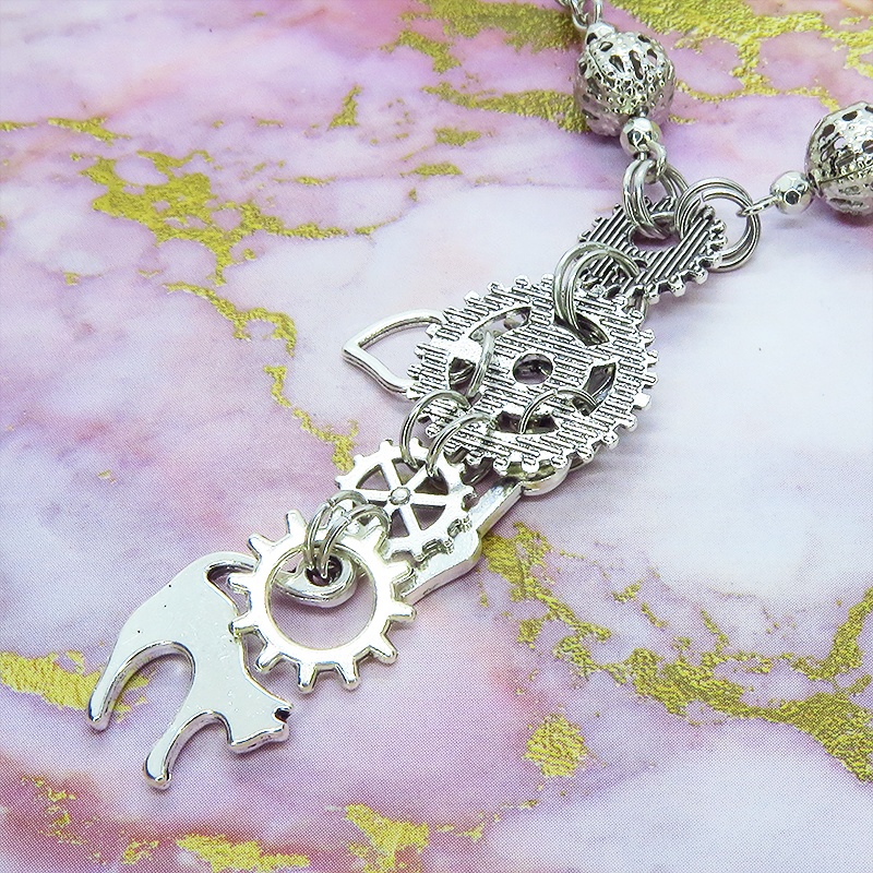 スチームパンク風 アンティークシルバー 跳ね猫と歯車の多層ネックレス ロザリオ ハート メンズ レディース