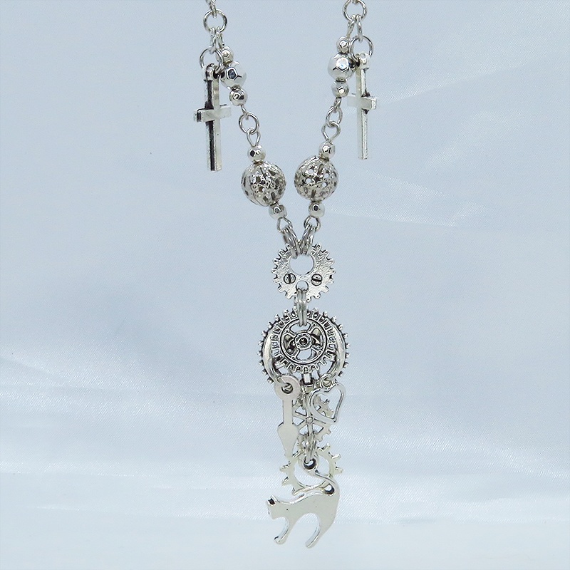 スチームパンク風 アンティークシルバー 跳ね猫と歯車の多層ネックレス ロザリオ ハート メンズ レディース