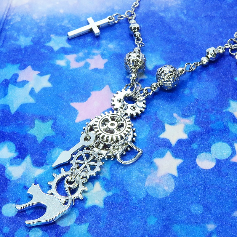 スチームパンク風 アンティークシルバー 跳ね猫と歯車の多層ネックレス ロザリオ ハート メンズ レディース