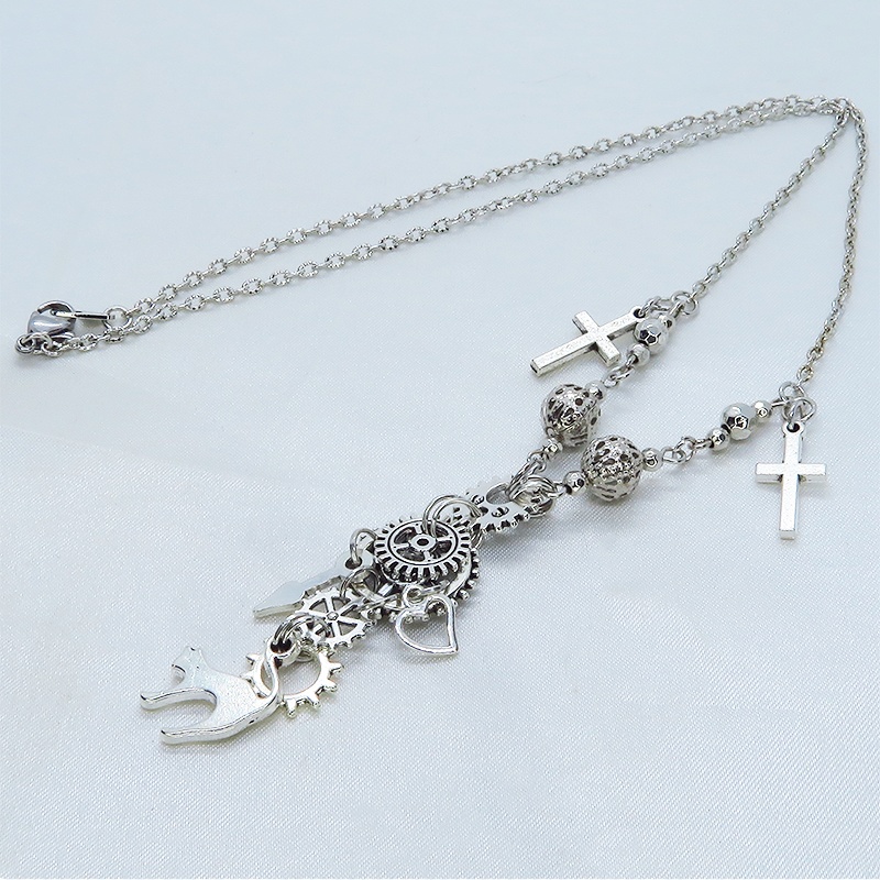 スチームパンク風 アンティークシルバー 跳ね猫と歯車の多層ネックレス ロザリオ ハート メンズ レディース