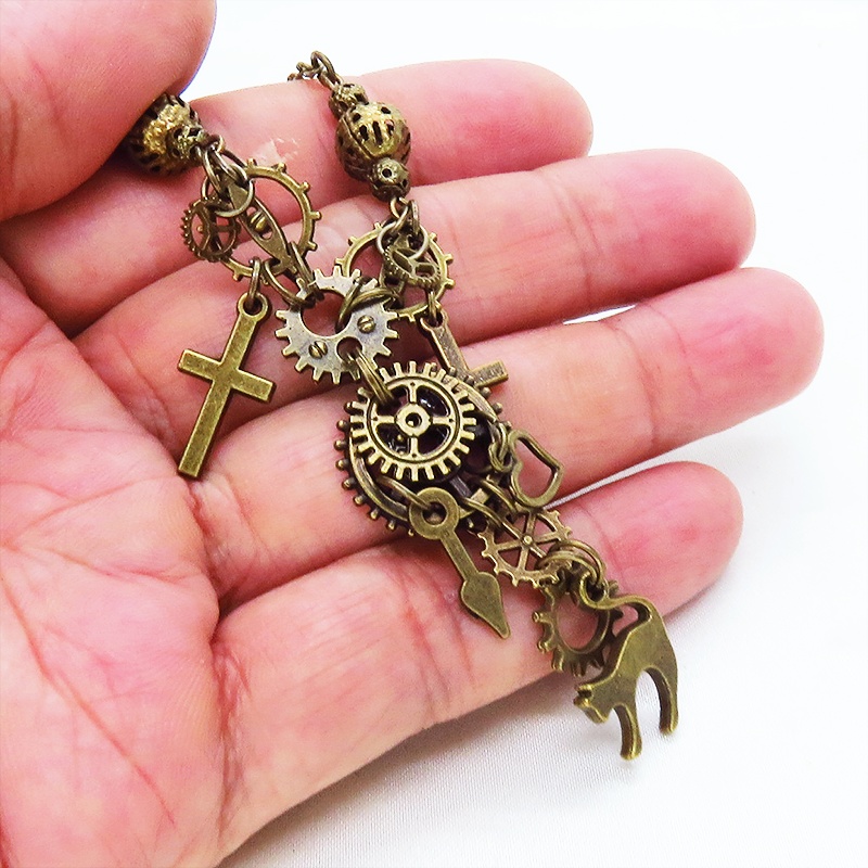 スチームパンク風 アンティークゴールド 跳ね猫と歯車の多層ネックレス ロザリオ ハート メンズ レディース