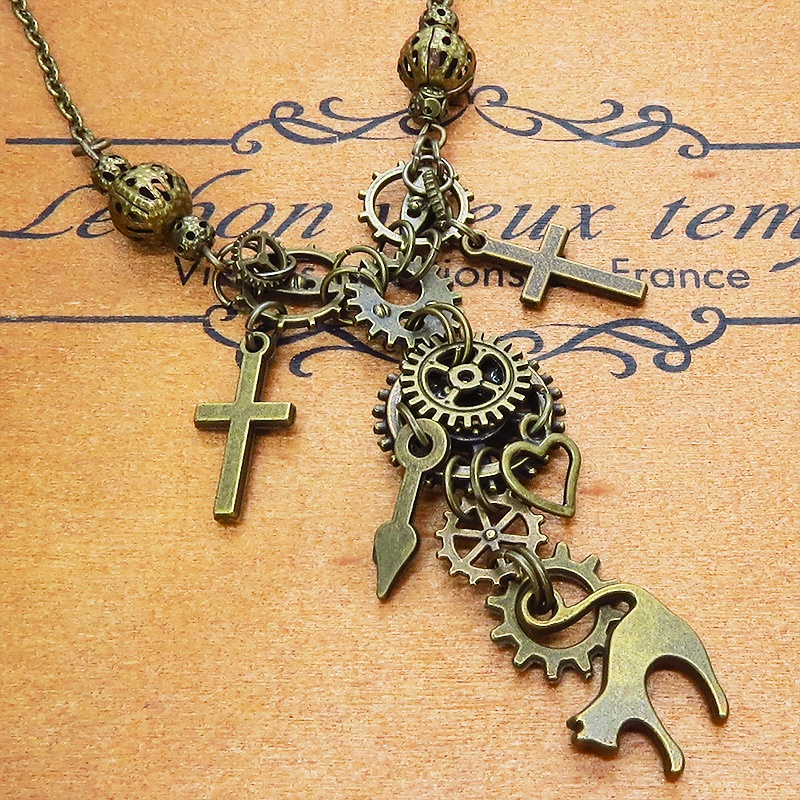 スチームパンク風 アンティークゴールド 跳ね猫と歯車の多層ネックレス ロザリオ ハート メンズ レディース