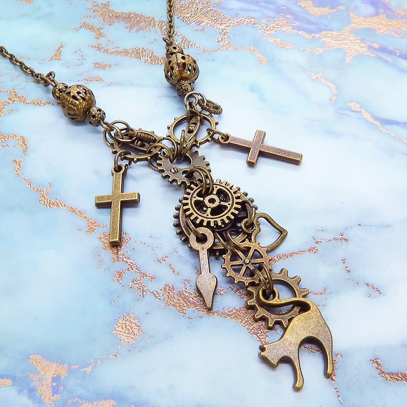 スチームパンク風 アンティークゴールド 跳ね猫と歯車の多層ネックレス ロザリオ ハート メンズ レディース