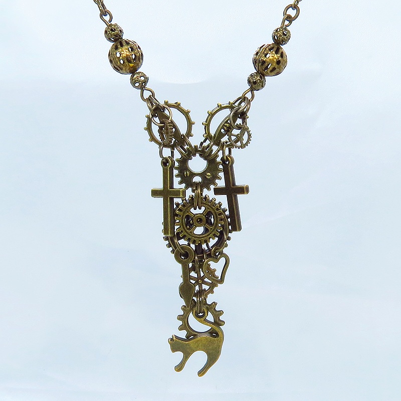 スチームパンク風 アンティークゴールド 跳ね猫と歯車の多層ネックレス ロザリオ ハート メンズ レディース