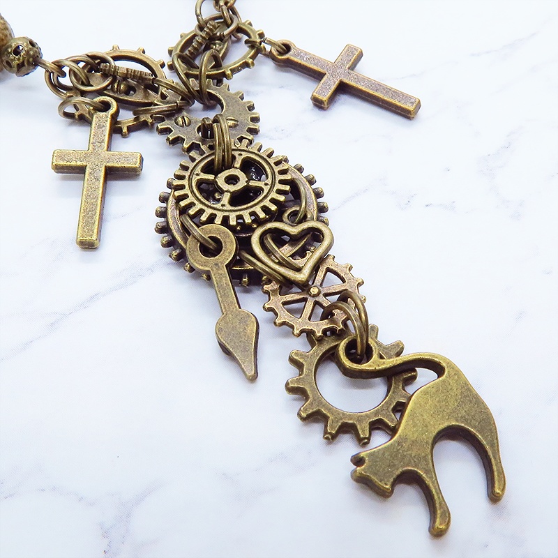 スチームパンク風 アンティークゴールド 跳ね猫と歯車の多層ネックレス ロザリオ ハート メンズ レディース