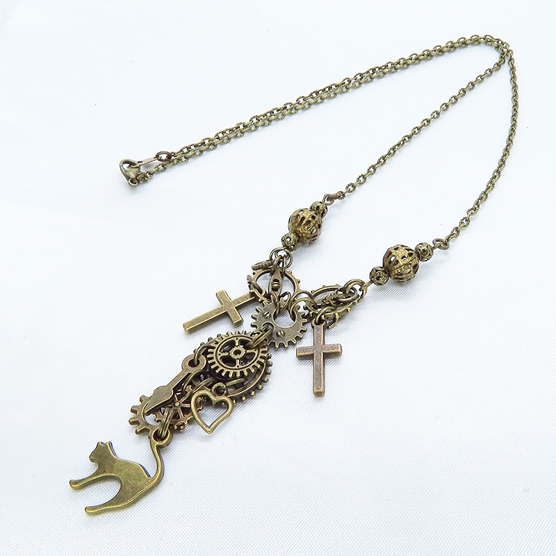 スチームパンク風 アンティークゴールド 跳ね猫と歯車の多層ネックレス ロザリオ ハート メンズ レディース