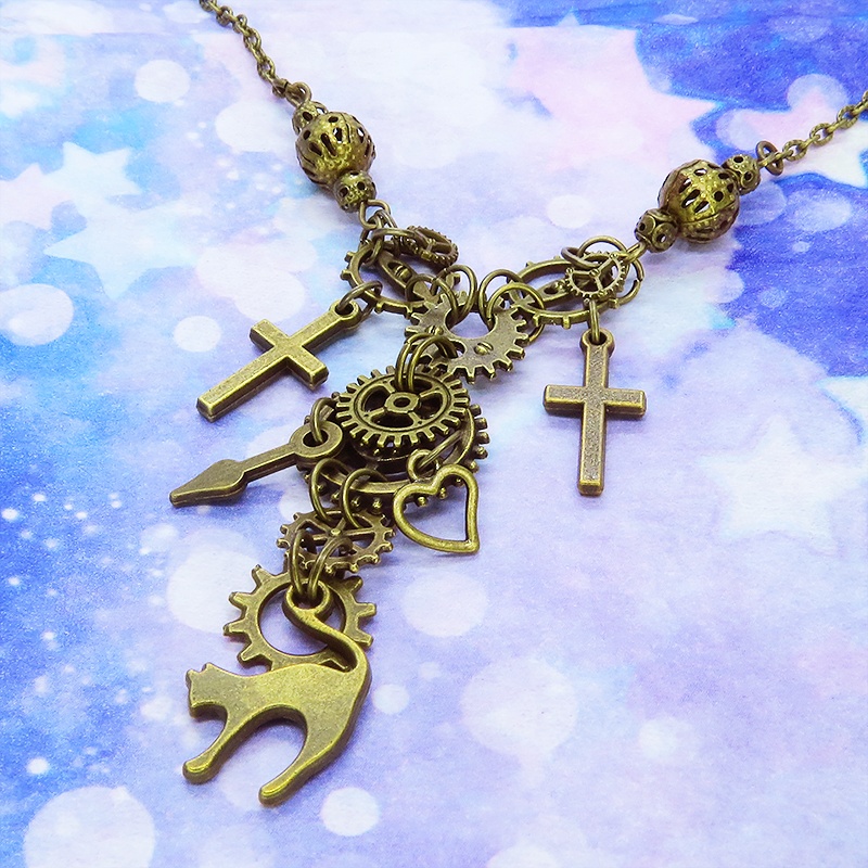 スチームパンク風 アンティークゴールド 跳ね猫と歯車の多層ネックレス ロザリオ ハート メンズ レディース