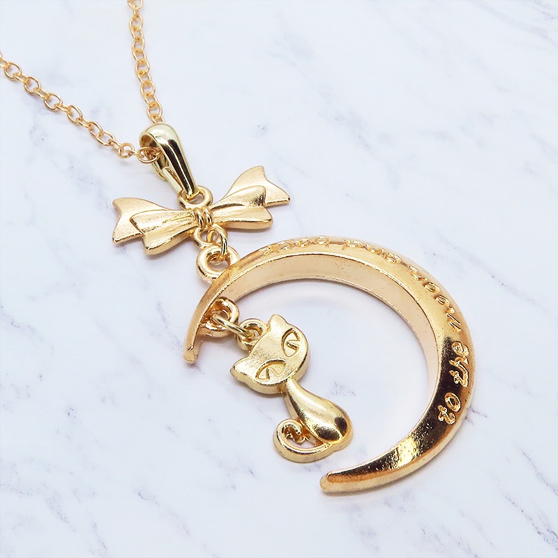 マットゴールド 三日月と猫の大人可愛いネックレス ゴシック リボン ムーンネックレス アジャスター付 長さ変更可