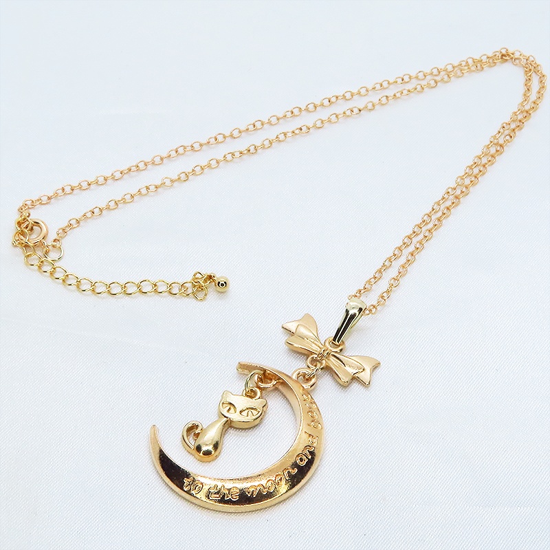 マットゴールド 三日月と猫の大人可愛いネックレス ゴシック リボン ムーンネックレス アジャスター付 長さ変更可