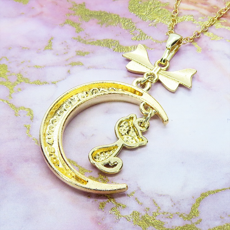 マットゴールド 三日月と猫の大人可愛いネックレス ゴシック リボン ムーンネックレス アジャスター付 長さ変更可