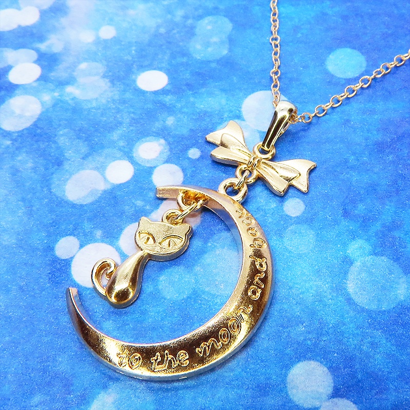 マットゴールド 三日月と猫の大人可愛いネックレス ゴシック リボン ムーンネックレス アジャスター付 長さ変更可
