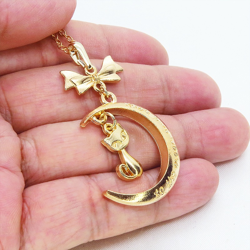 マットゴールド 三日月と猫の大人可愛いネックレス ゴシック リボン ムーンネックレス アジャスター付 長さ変更可