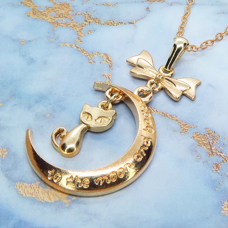 マットゴールド 三日月と猫の大人可愛いネックレス ゴシック リボン ムーンネックレス アジャスター付 長さ変更可