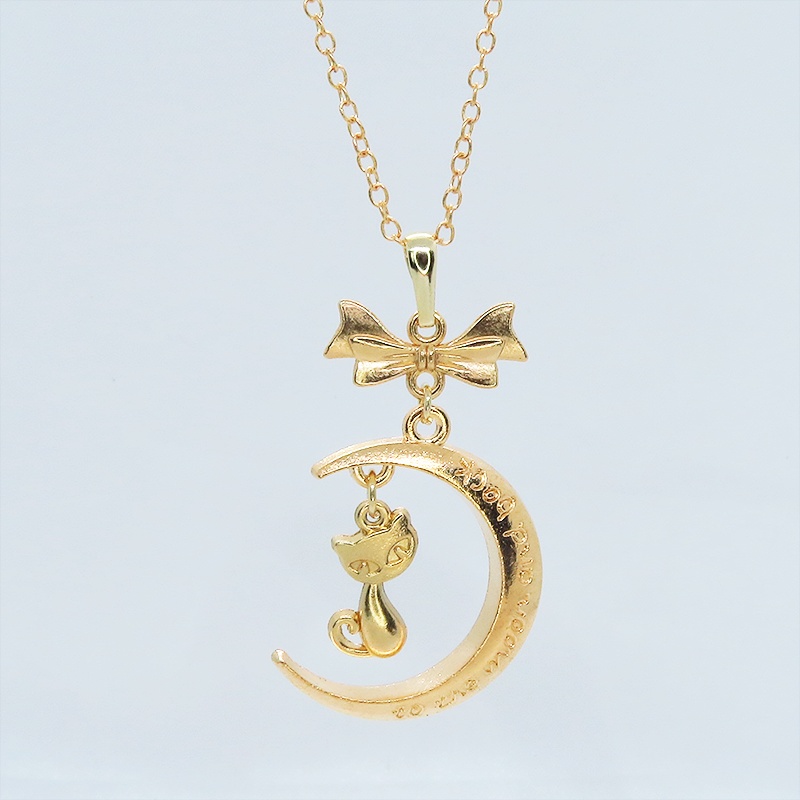 マットゴールド 三日月と猫の大人可愛いネックレス ゴシック リボン ムーンネックレス アジャスター付 長さ変更可