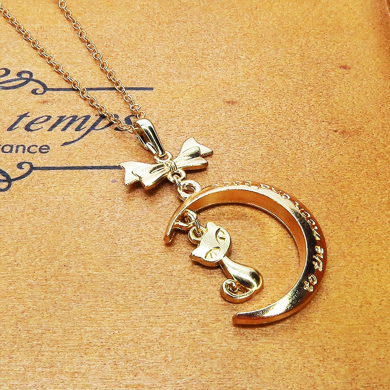 マットゴールド 三日月と猫の大人可愛いネックレス ゴシック リボン ムーンネックレス アジャスター付 長さ変更可