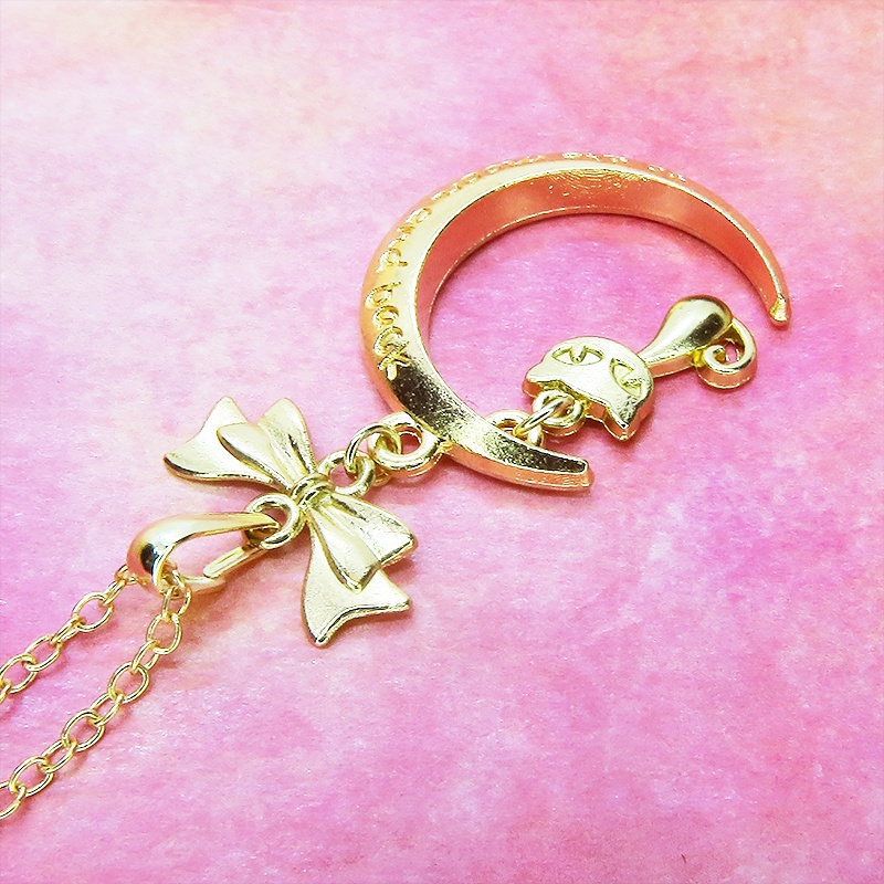 マットゴールド 三日月と猫の大人可愛いネックレス ゴシック リボン ムーンネックレス アジャスター付 長さ変更可