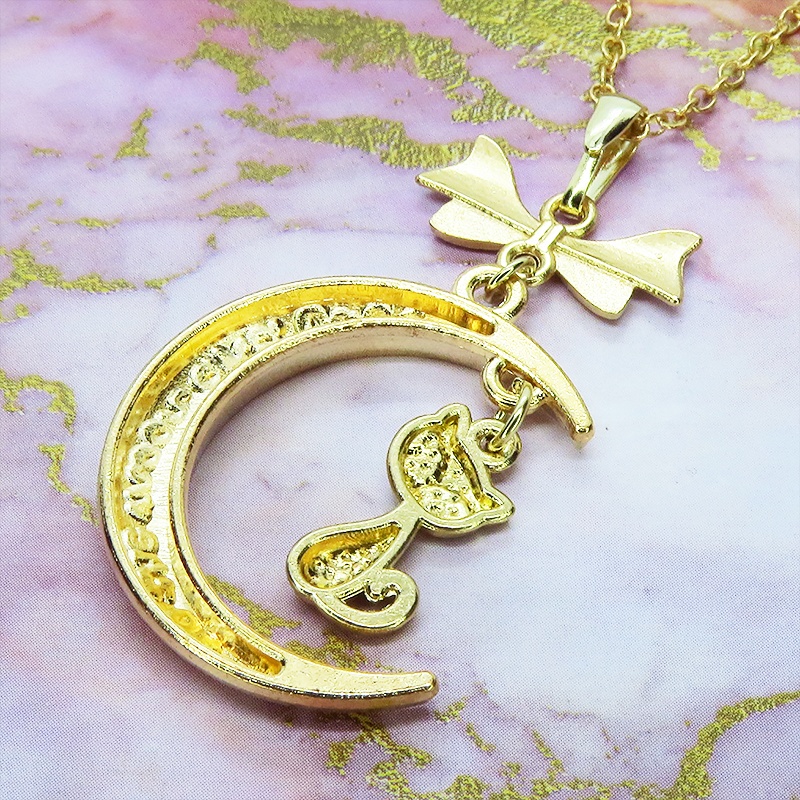 マットゴールド 三日月と猫の大人可愛いネックレス ハート ムーン アジャスター付 長さ変更可