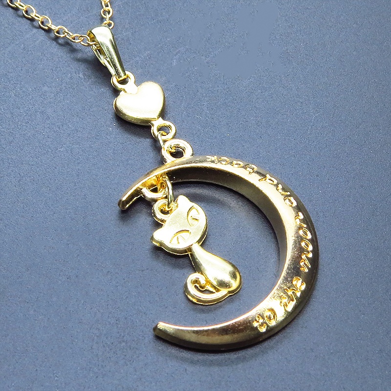 マットゴールド 三日月と猫の大人可愛いネックレス ハート ムーン アジャスター付 長さ変更可