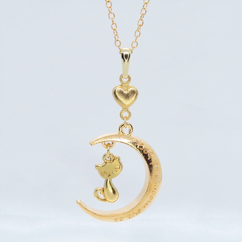 マットゴールド 三日月と猫の大人可愛いネックレス ハート ムーン アジャスター付 長さ変更可