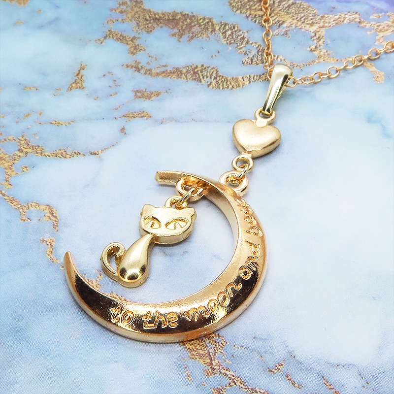 マットゴールド 三日月と猫の大人可愛いネックレス ハート ムーン アジャスター付 長さ変更可
