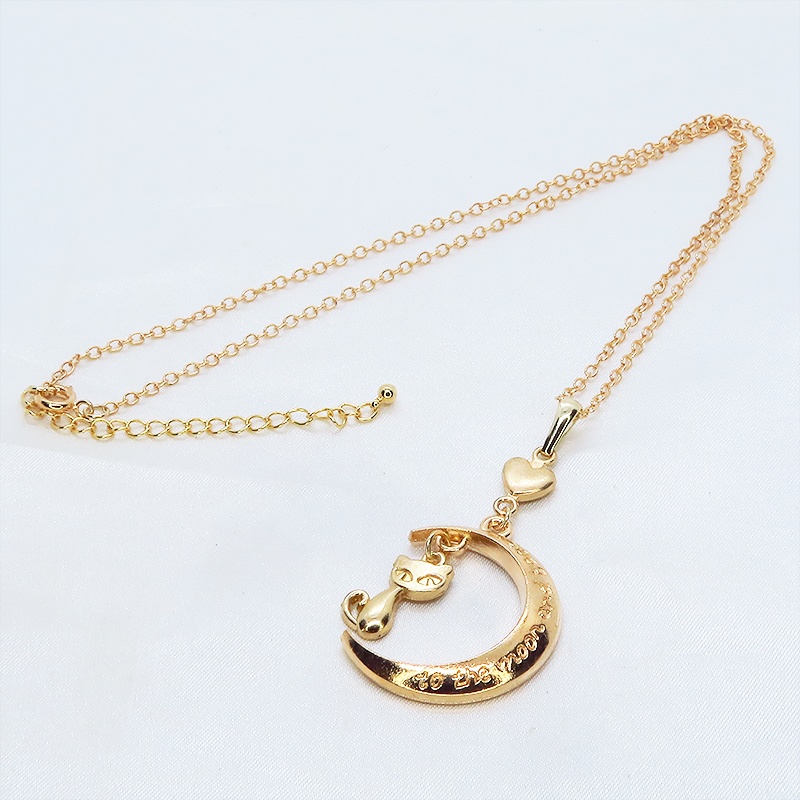 マットゴールド 三日月と猫の大人可愛いネックレス ハート ムーン アジャスター付 長さ変更可
