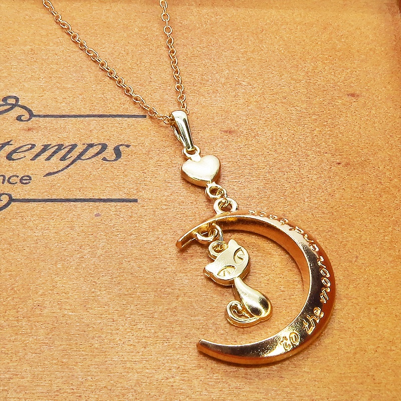 マットゴールド 三日月と猫の大人可愛いネックレス ハート ムーン アジャスター付 長さ変更可