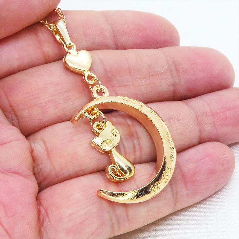 マットゴールド 三日月と猫の大人可愛いネックレス ハート ムーン アジャスター付 長さ変更可