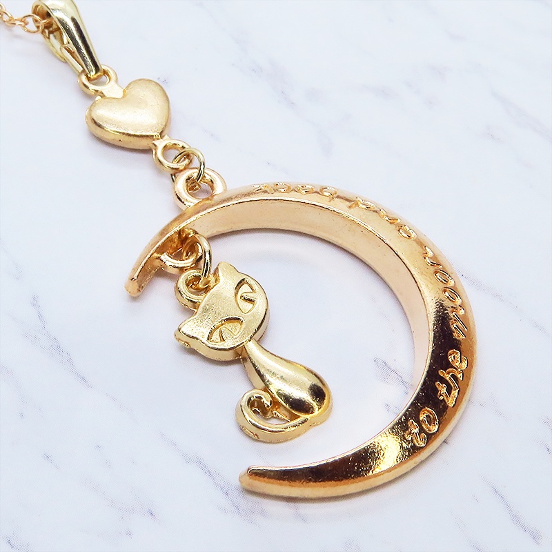 マットゴールド 三日月と猫の大人可愛いネックレス ハート ムーン アジャスター付 長さ変更可