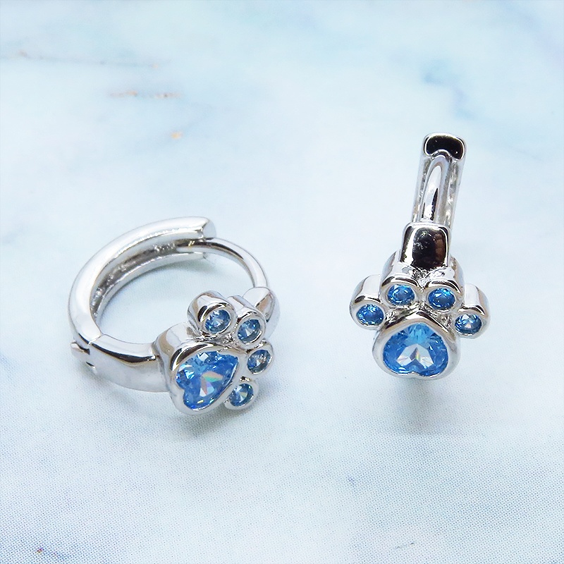 【再販3】シルバー925 ブルージルコンが輝く肉球モチーフのフープピアス リングピアス 猫 犬