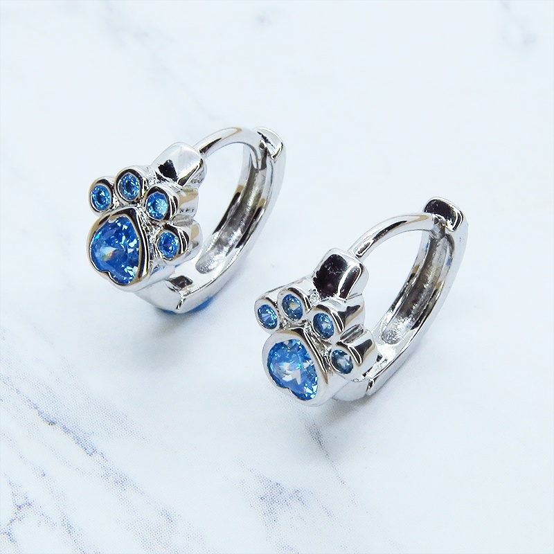 【再販3】シルバー925 ブルージルコンが輝く肉球モチーフのフープピアス リングピアス 猫 犬