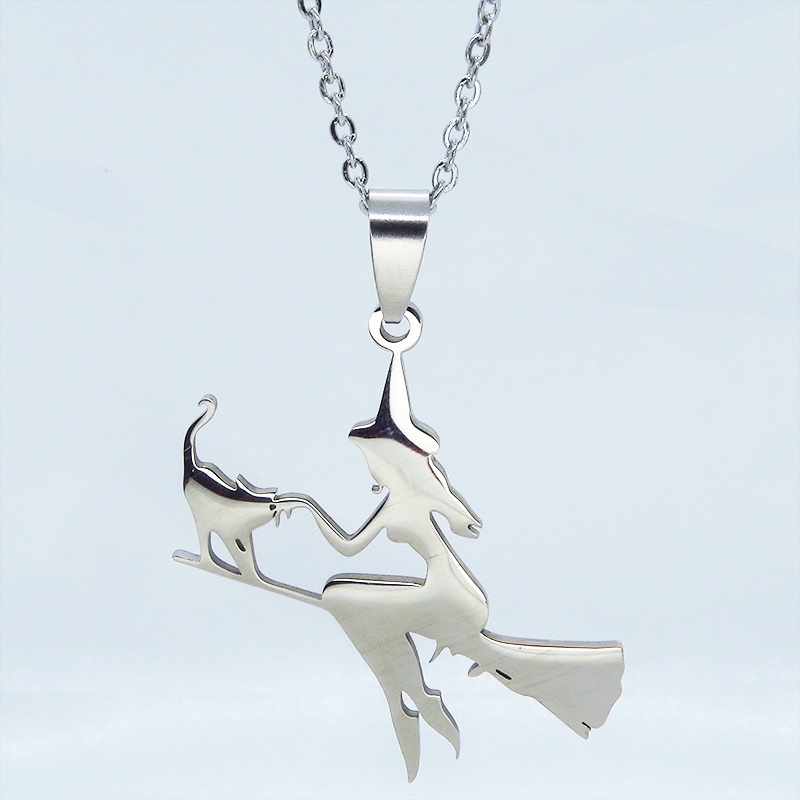 ステンレス製 ホウキにまたがる魔女と猫のペンダントネックレス シルバーカラー 魔法使い 猫 シルエット