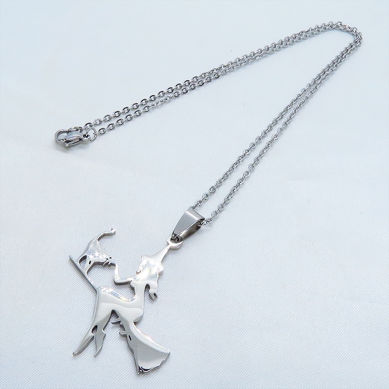 ステンレス製 ホウキにまたがる魔女と猫のペンダントネックレス シルバーカラー 魔法使い 猫 シルエット
