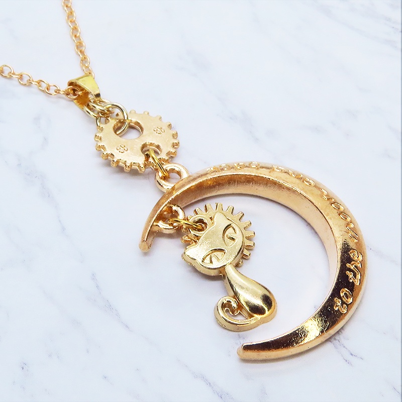 マットゴールド 猫と三日月と歯車・ギアのネックレス スチームパンク風 アジャスター付 長さ変更可