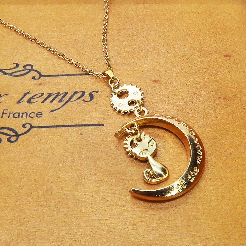 マットゴールド 猫と三日月と歯車・ギアのネックレス スチームパンク風 アジャスター付 長さ変更可