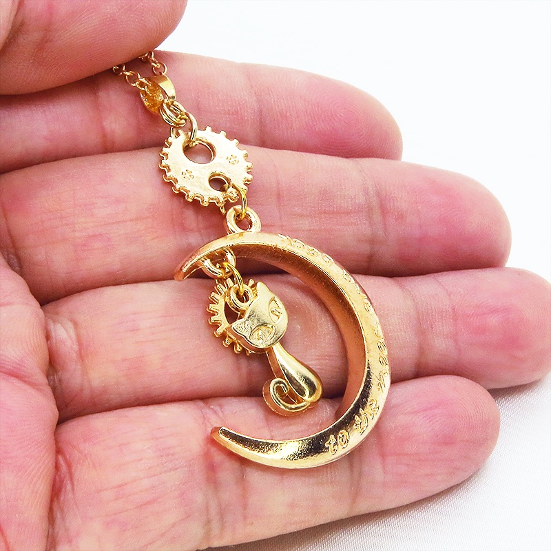 マットゴールド 猫と三日月と歯車・ギアのネックレス スチームパンク風 アジャスター付 長さ変更可