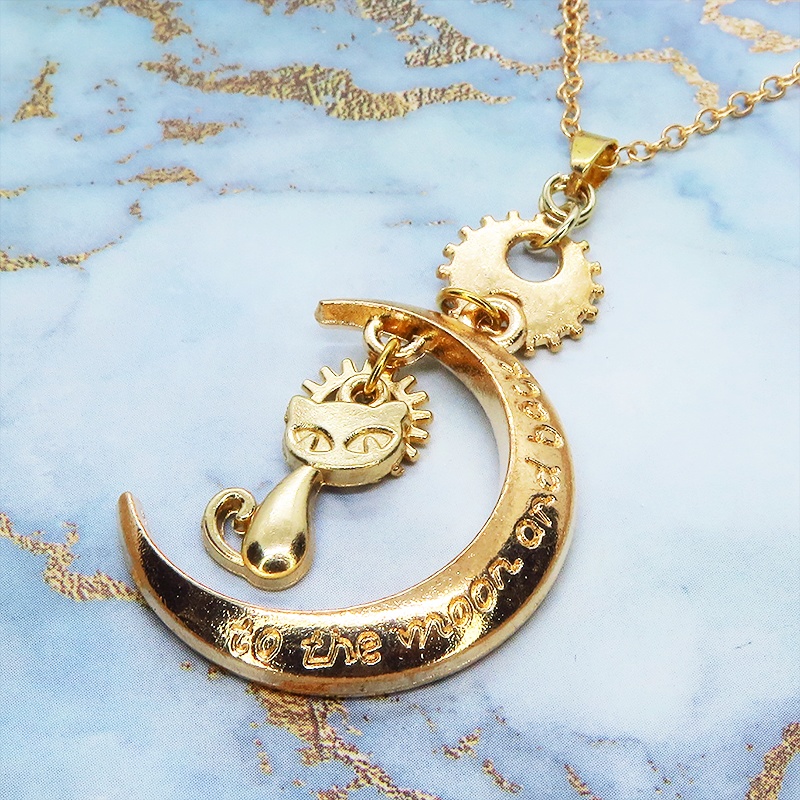 マットゴールド 猫と三日月と歯車・ギアのネックレス スチームパンク風 アジャスター付 長さ変更可