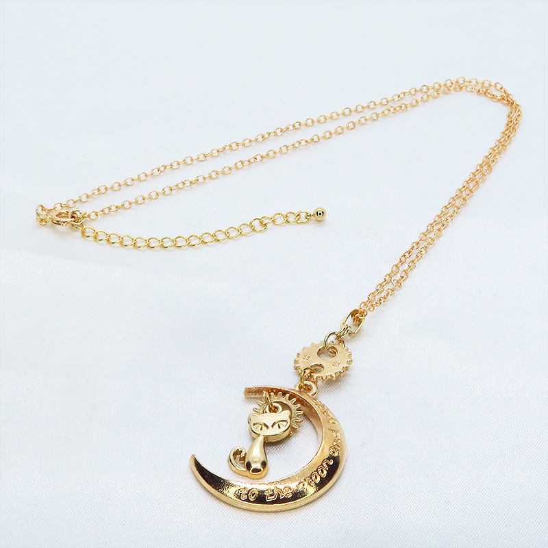 マットゴールド 猫と三日月と歯車・ギアのネックレス スチームパンク風 アジャスター付 長さ変更可