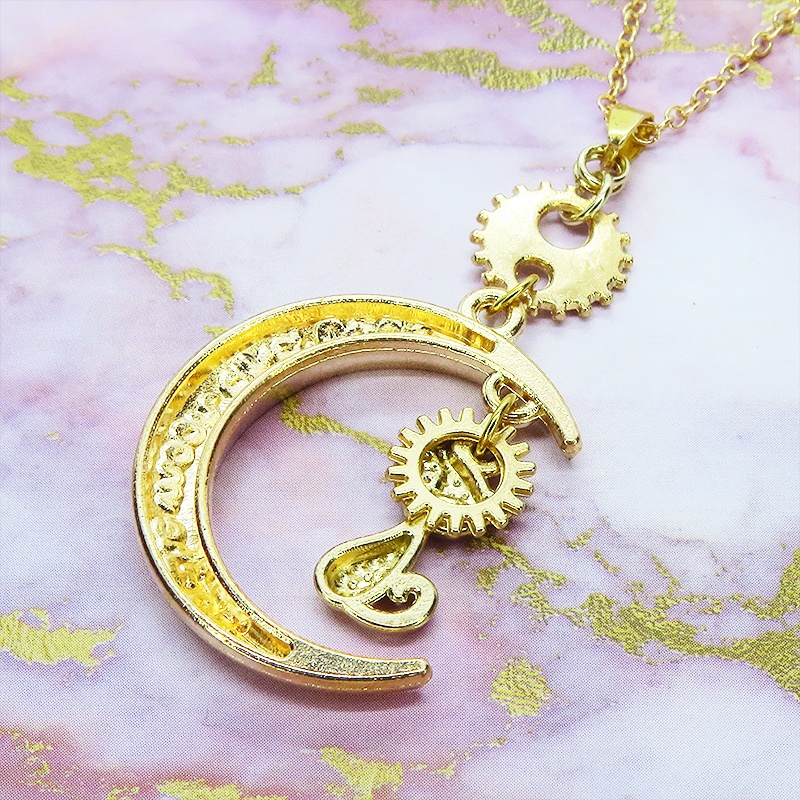 マットゴールド 猫と三日月と歯車・ギアのネックレス スチームパンク風 アジャスター付 長さ変更可