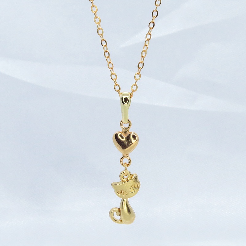 マットゴールド 猫とハートのシンプルでコンパクトな可愛いネックレス 長さ変更可