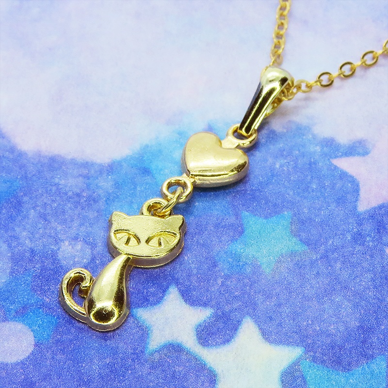 マットゴールド 猫とハートのシンプルでコンパクトな可愛いネックレス 長さ変更可