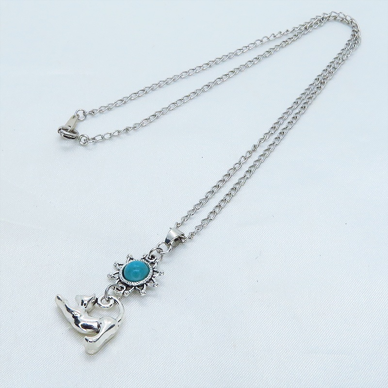 シルバーカラー のび猫とひまわりモチーフをつなげたネックレス ターコイズ 長さ変更可 SV925変更可